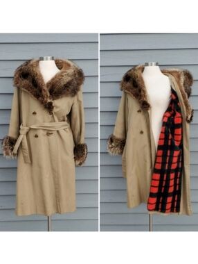 Vintage 90s y2k Camel Tan Plaid Pile Lined Fur Collar Cuffs Belted Trench Coat L